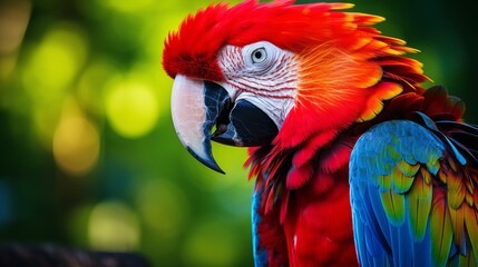 Colorful parrot close up  vibrant feathers and sharp beak against blue background