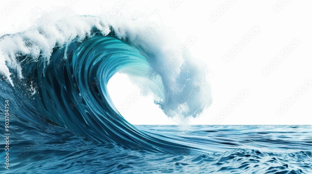 Wall mural A vibrant digital illustration showcasing a dynamic, crashing wave of blue sea water against a crisp white background.