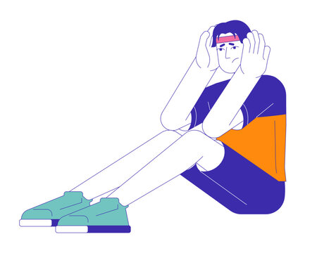 recommend clip art: Tensed asian young man with panic attack 2D cartoon character. Frustrated korean guy isolated flat vector person white background. Worried eyes male student sitting color spot illustration