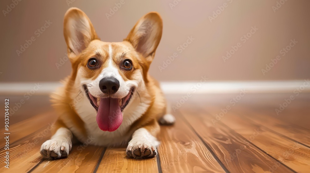 Poster A joyful corgi stands on stage, illuminated by vibrant lights, capturing the essence of happiness in a lively 3D rendering.