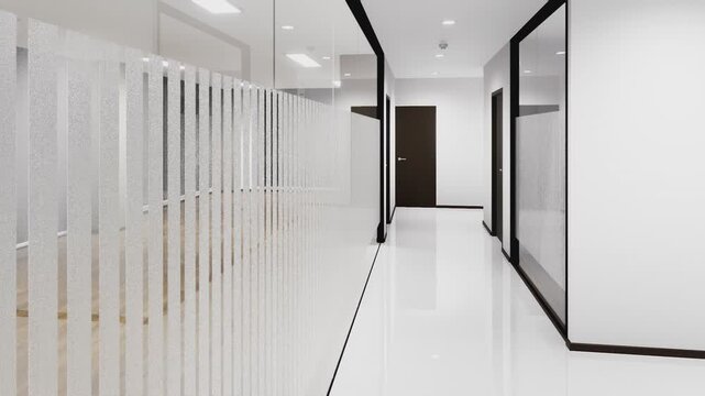 Empty office corridor with glass walls
