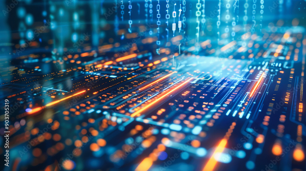Poster close up of an advanced microchip with data flowing through it