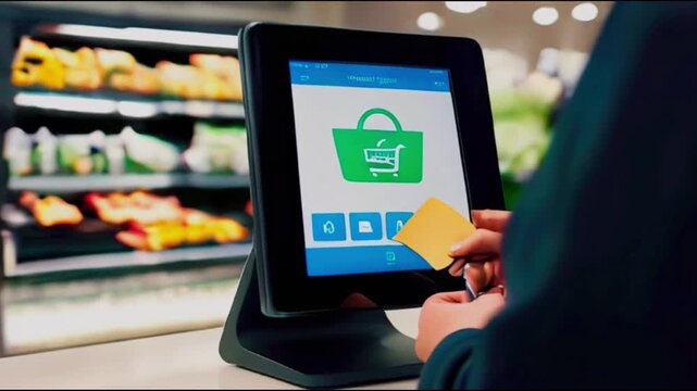 Organized Freshness: High-Tech Digital Kiosk in Well-Lit Grocery Store Surrounded by Vibrant Produce Displays and Sleek Wooden Accents - Powered by Adobe