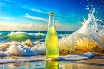 A bottle of cool lemonade on the shore of a warm sunny sea
