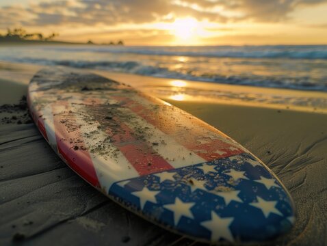 Patriotic Surfing Vibes: American Flag on Surfboard at Sunset Beach