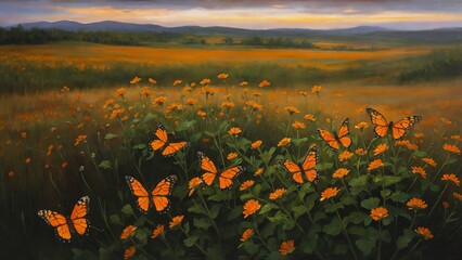 Fototapeta premium Delicate wildflowers and orange butterflies painted with oil paints