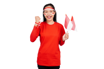 An excited Indonesian woman celebrating Indonesia's independence day standing while raising her fist isolated transparent