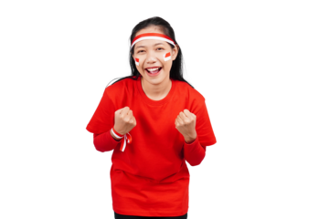 An excited Indonesian woman celebrating Indonesia's independence day standing while raising her fist isolated transparent