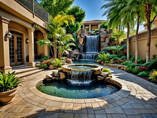 Luxury home courtyard with waterfall