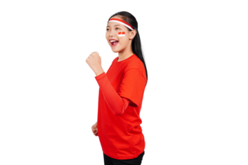 An excited Indonesian woman celebrating Indonesia's independence day standing while raising her fist isolated transparent