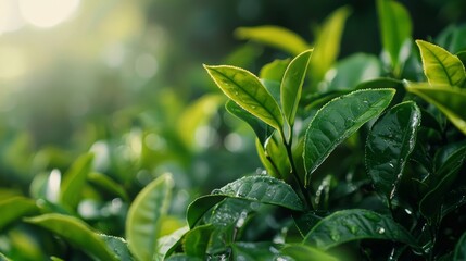 Obraz premium close-up of green tea leaves on a tea plant