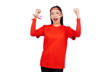 An excited Indonesian woman celebrating Indonesia's independence day standing while raising her fist isolated transparent