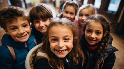 Class selfie in an elementary school. Kids taking a picture together in a co-ed school, photography.