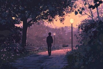 Fototapeta premium Character lost in thought on a peaceful walk, with gentle, calming colors, cozy vibe, Generative AI