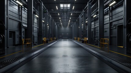 Modern Industrial Warehouse Interior with High Ceilings, Metal Structures, and Bright Lighting