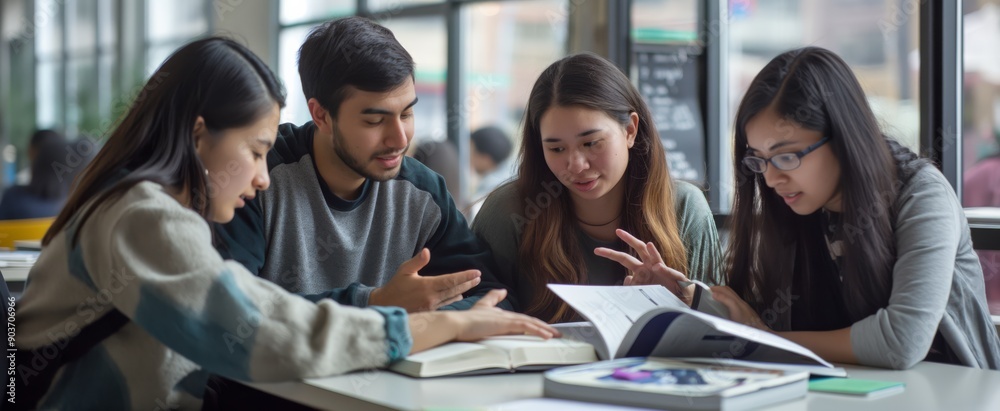 Aufkleber Group of young students sitting at a table in a modern library or cafe, intensely collaborating on a group project, studying textbooks and taking notes. Focus on teamwork and education.