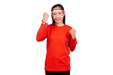 An excited Indonesian woman celebrating Indonesia's independence day standing while raising her fist isolated transparent