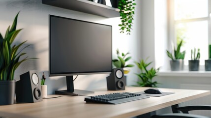 Modern Home Office Workspace with Computer, Keyboard, Mouse, and Indoor Plants on Wooden Desk
