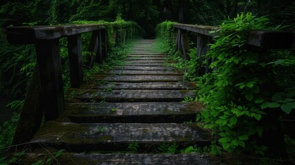 Fototapeta premium Rustic Wooden Bridge in Lush Green Forest with Overgrown Foliage and Moss