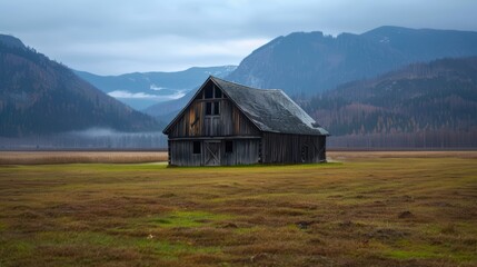 Obraz premium Rustic Wooden Barn in a Misty Mountain Valley with Autumn Foliage and Overcast Sky