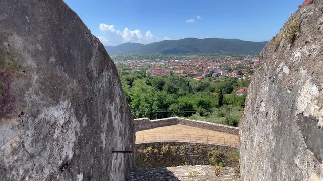 panorama on the walls of the Sarzanello fortress on Sarzana Spezia. High quality 4k footage