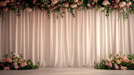Elegant Floral Wedding Backdrop with Draped Curtains and Flower Arrangements for Special Events