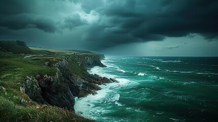 Fury of the Storm: Dramatic cliffs meet raging ocean waves under a tempestuous sky, nature's raw power on full display. 