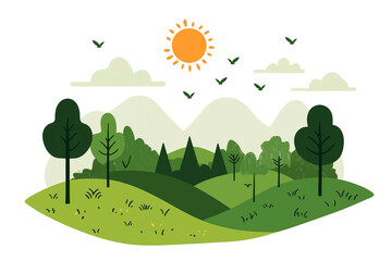 Fototapeta premium Minimalist landscape illustration featuring rolling green hills, stylized trees, bright sun, flying birds, and white clouds, cheerful summer day, isolated PNG on transparent background.