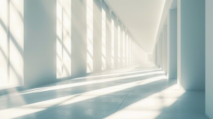 Fototapeta premium Soft light filters through tall windows, creating a serene atmosphere in a spacious hallway with minimalistic design, unfocused image