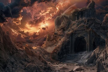 Fototapeta premium Mysterious Rocky Landscape with Ancient Ruins Under Stormy Sky