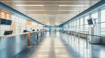 Obraz premium Quiet airport check-in counters with no queues or travelers