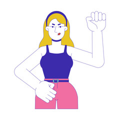 Fist up feminist caucasian female 2D cartoon character. Blonde woman in protest march isolated flat vector person white background. Young protester. Feminism empowerment color spot illustration