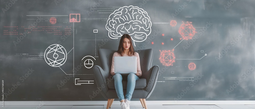 Aufkleber a woman sits in a gray chair using a laptop, surrounded by illustrations of brain diagrams and scien