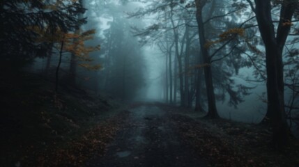 Naklejka premium A blurred view of a serene forest pathway enveloped in morning fog and shadows cast by the dense trees, unfocused image