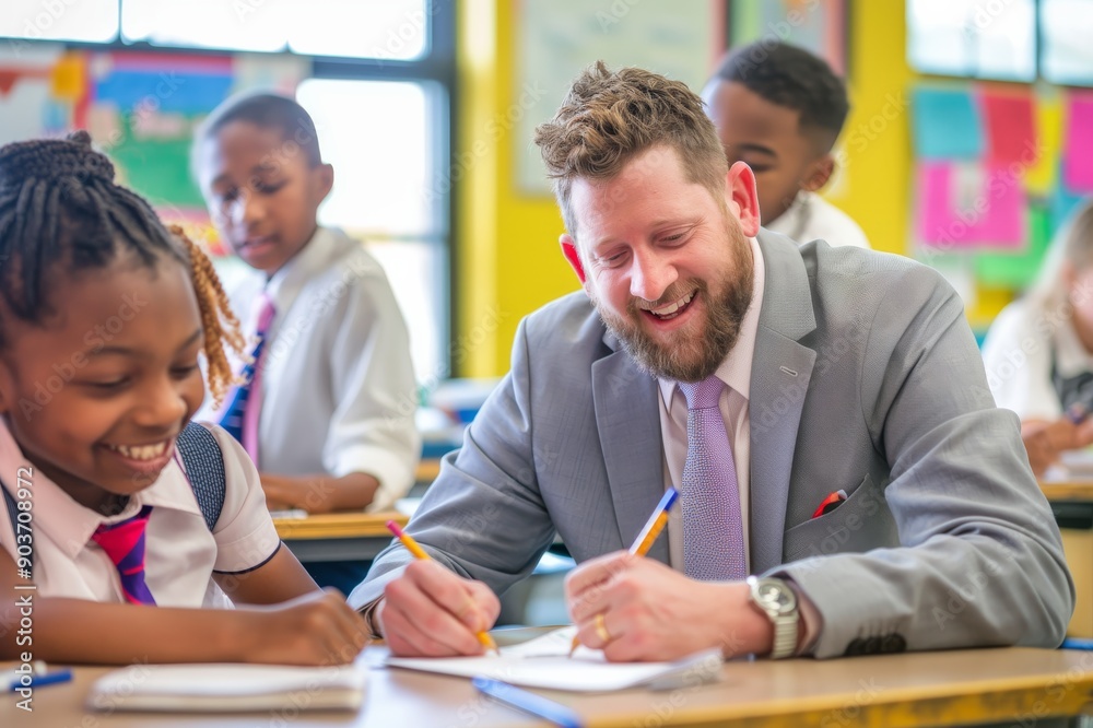 Poster Cheerful teacher interacts with students in a lively classroom, creating a collaborative and enthusiastic atmosphere. Kids are happy and engaged, promoting a positive learning environment