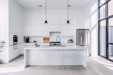 Bright and airy modern kitchen with minimalist white cabinetry, large island, stainless steel appliances, and sleek design elements. - Powered by Adobe