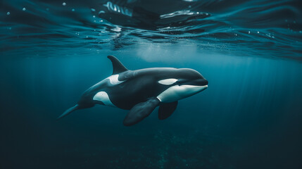 Obraz premium A black and white orca is swimming in the ocean