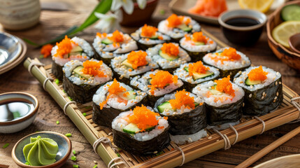 A delicious array of California rolls filled with crab meat, avocado, and cucumber, topped with bright orange tobiko (fish roe), displayed on a rustic bamboo tray
