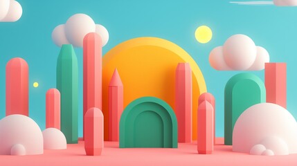 Colorful geometric landscape featuring abstract structures and vibrant sun during a bright day, 3d illustration.