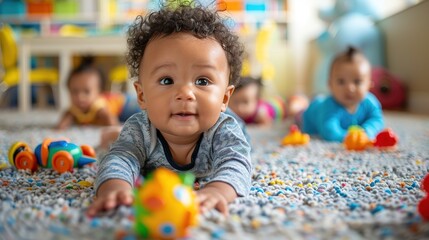 Curious Baby in Playtime: A captivating close-up of an adorable baby boy with curious brown eyes, lying on his tummy on a colorful rug, surrounded by other infants in a playgroup,  engaging with color