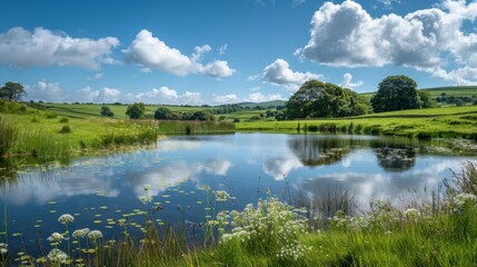 Fototapeta premium Tranquil countryside lake with lush green meadows and blue sky reflecting in clear water. A peaceful and scenic outdoor landscape.