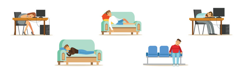 People Character Sleeping at Home on Sofa and In Office Vector Set