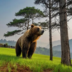 A large brown bear in a rice field