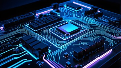A computer chip with a blue and purple glow