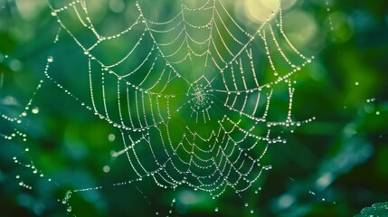 Dewy Spider Web in Morning Light. Spider web with dew drops reflecting morning sun. Green natural background.