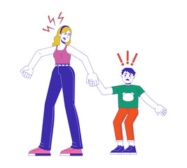 Yelling mother with scared boy 2D cartoon characters. Caucasian woman holding male child hand isolated flat vector people white background. Furious parent, frightened son color spot illustration