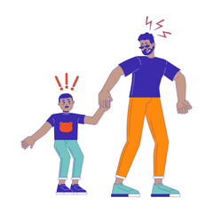 Yelling father with stressed kid 2D cartoon characters. African american man holding male child hand isolated flat vector people white background. Aggressive parent, sad boy color spot illustration