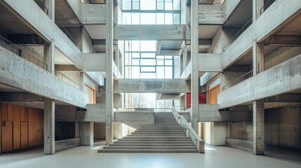 Fototapeta premium Interior of a brutalist-style university campus building with expansive concrete interiors
