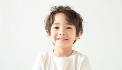 Smiling young boy with dark hair and light skin wearing a white shirt against a bright white background.
