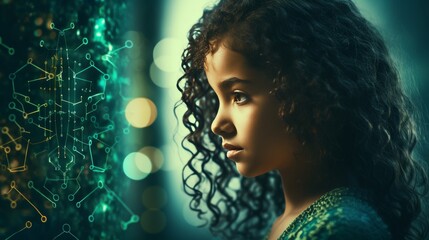 Child observing glowing digital padlock in cybersecurity symbolism conceptualization